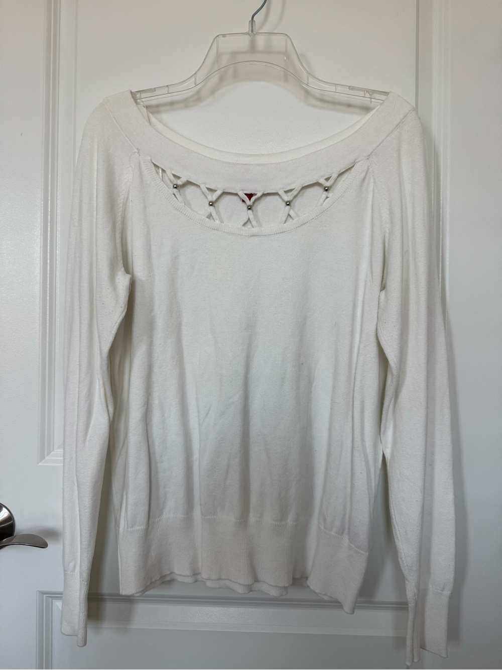 Jennifer Lopez White Off-Shoulder Knit Sweater with Ladder Trim